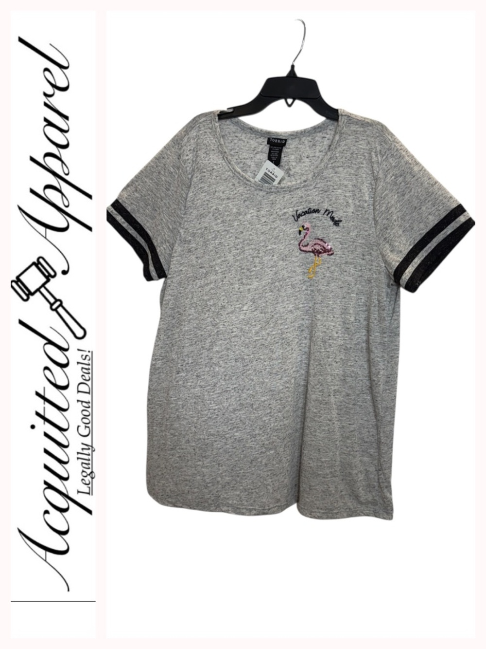 Torrid Vacation Mode Grey Flamingo Embroidered Jewels Short Sleeve Crew Tee